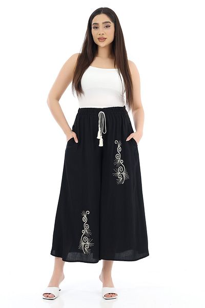 SCHIK Women's Viscose Wide Leg Waist Elastic String Tied Trousers