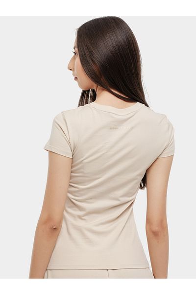 Armani Exchange Tricou de damă din bumbac, auriu, cu logo-ul metalic imprimat, cu mânecă scurtă, cu gât rotund, bej XW 000320   AF10356-U1095