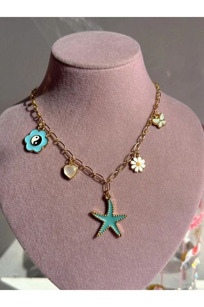 Reorah Collection Blue Starfish Charm Necklace-Blue Sea Star Charm Necklace