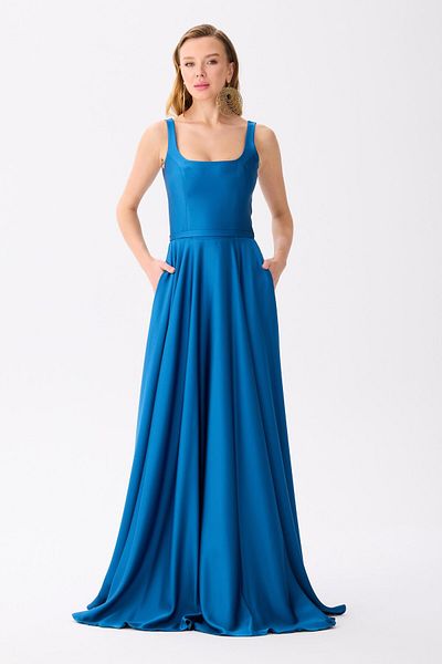 Carmen Petrol Square Collar Satin Evening Dress