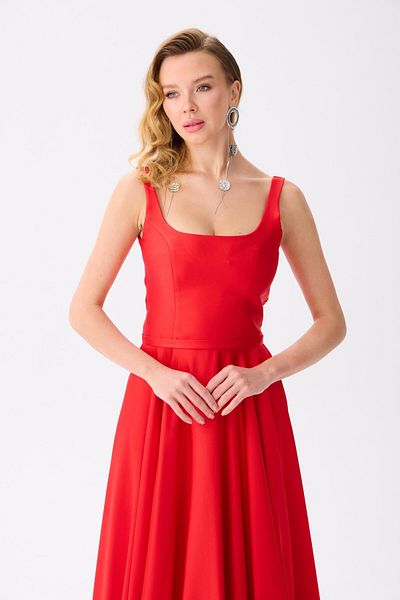 Carmen Red Square Neck Satin Evening Dress