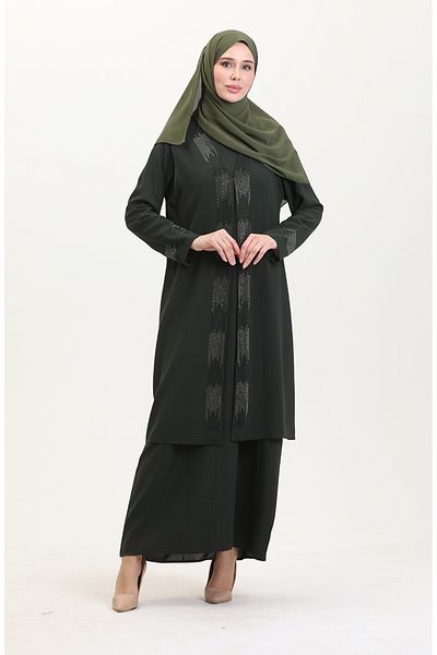 sefamerve Φόρεμα Plus Size Γιλέκο Διπλό Σετ 6140-06 Χακί