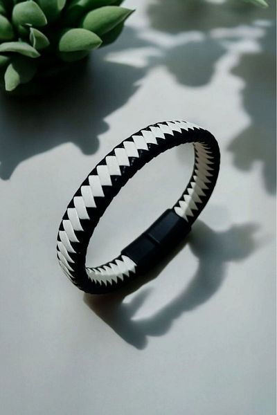 Birmem Double Black White Braided Leather and Matte Black Beaded Bracelet Set - Men and Women