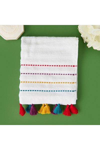 Evidea Soft Tasseled Hand Towel - White / Colorful - 30X50 cm
