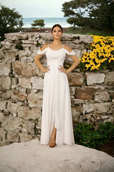 FaBe Fashion Ip Askılı Degaje Yaka Düşük Omuzlu Yırtmaçlı Sırtı Bağcıklı Şifon Dış Çekim Ve Nikah Nişan Elbisesi