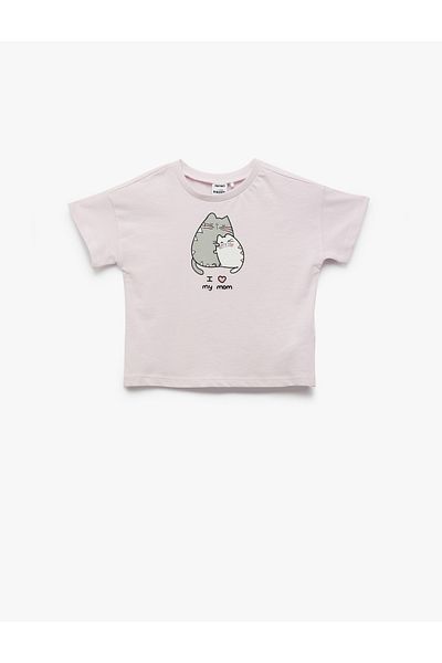 Koton Short Sleeve Crew Neck Cat Printed Cotton T-Shirt