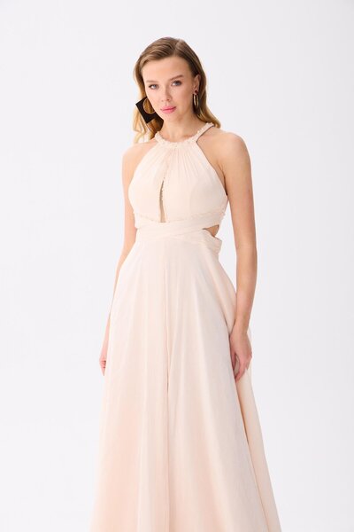 Carmen Fildişi Balıkçı Yaka Şifon Abiye Elbise