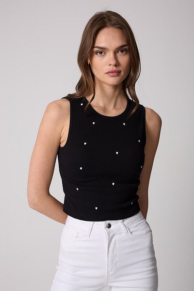 AMİDA Women's Crop Tank Top Ribbed Look Heart Embroidered Black - 2506