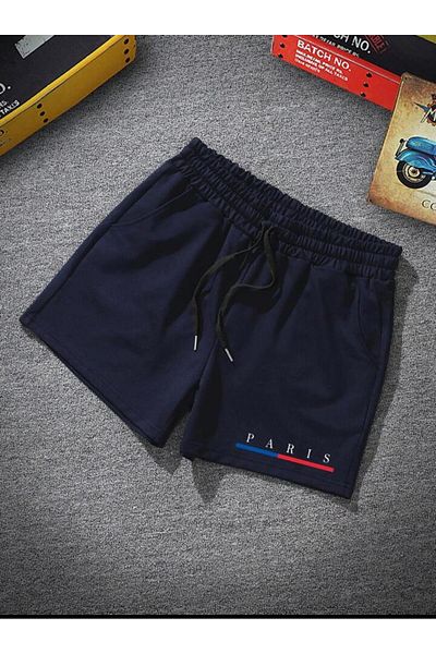 NO 601 Ανδρικό χτενισμένο βαμβακερό σορτς Navy Blue Paris με στάμπα