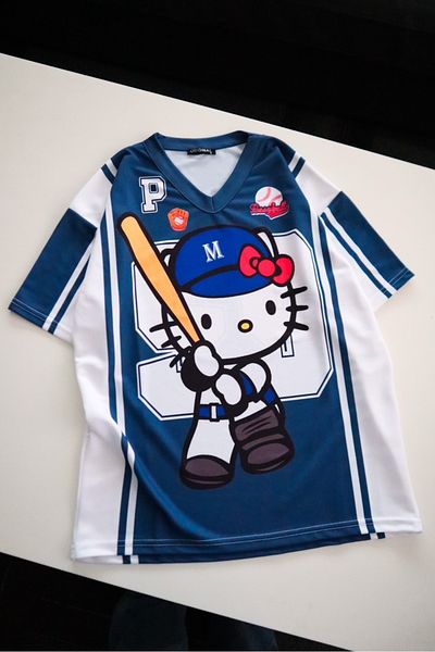 EFBUTİK White Navy Blue V-Neck Hello Kitty Baseball Jersey T-Shirt