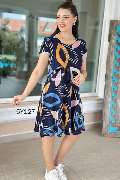 İnce Topuk Crew Neck Patterned Viscose Dress 5Y127