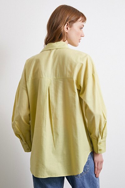 Never more Oversize Green Linen Blended Shirt