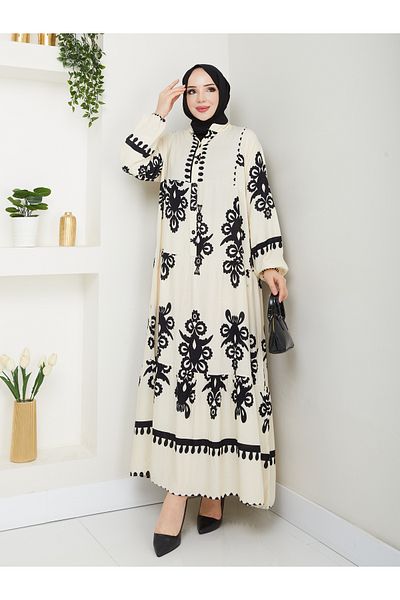 ECK MODA Women's Single Jersey Fabric Patterned Button Detail Dress