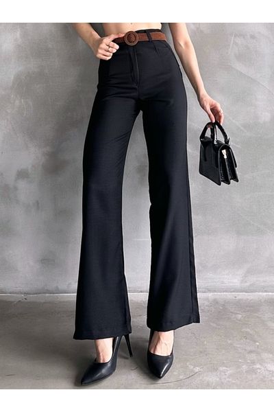 Caddebostan Moda Women's Black Linen Trousers with Belt