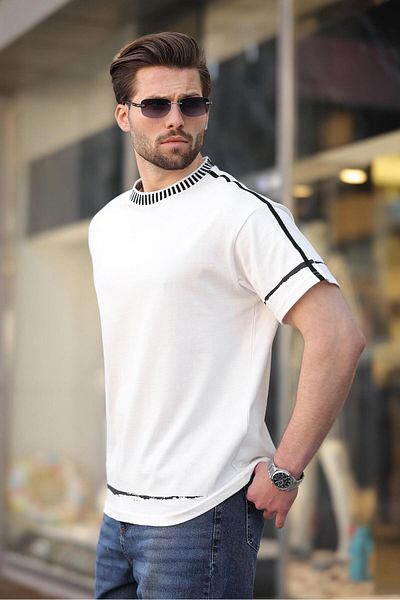 Madmext Tricou de bază pentru bărbați, 100% bumbac, cu decolteu, ecru E7140