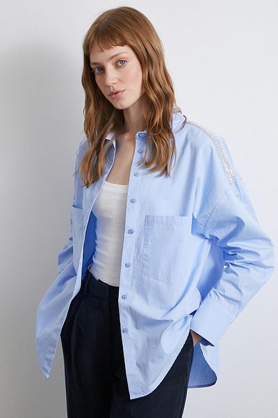 Never more Oversize Shirt with Bead Detail on the Shoulder Blue