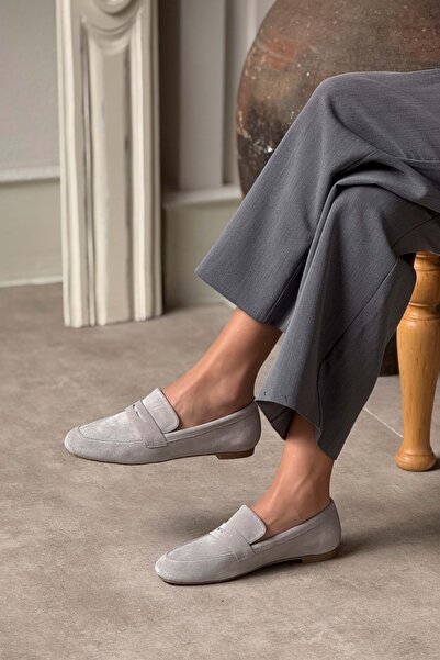 NİŞANTAŞI SHOES Saber Gray Genuine Suede Flat Sole Women's Ballerinas