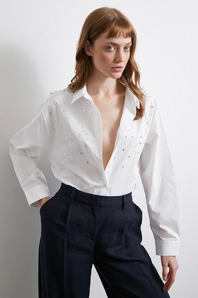Never more White Shirt - Stone Detailed