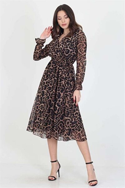 Dipmoda Γυναικείο φόρεμα σιφόν λεοπάρ με δέσιμο στο λαιμό DPRSSN07