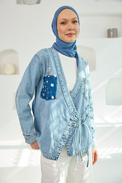 LOCCO Women's Blue Kimono Cot Kimono with Stone Detail