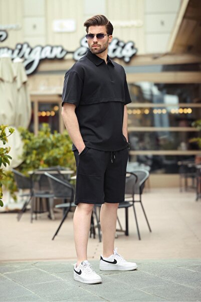 Madmext Black Zippered Polo Neck Men's Shorts Shirt Set E7314