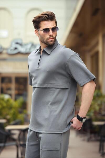 Madmext Füme Fermuarlı Polo Yaka Erkek Şort Gömlek Takımı E7314