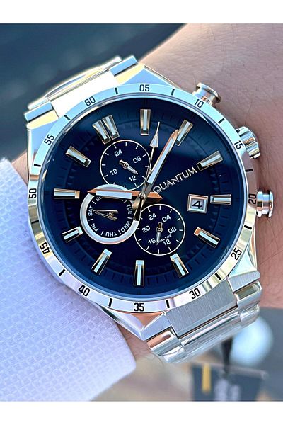 Quantum Special Boxed 10 Atm Waterproof Steel Cord Navy Blue Dial Men's Wristwatch