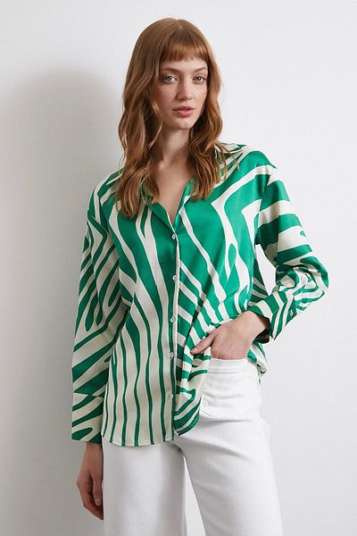 Never more Zebra Pattern Olive Green V-Neck Shirt