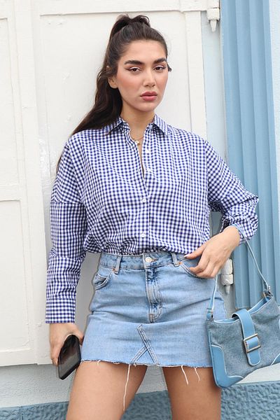 Madmext Sötétkék Gingham hosszú ujjú női ing Mg2386