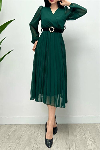 Dipmoda Dipmoda kadın piliseli midi boy kemerli şifon elbise DPD004