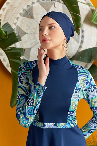 ROZAMAY Lycra Full Covered Hijab Swimsuit Pattern Detailed 3118 Dark Navy Blue