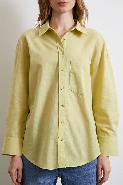 Never more Oversize Green Linen Blended Shirt