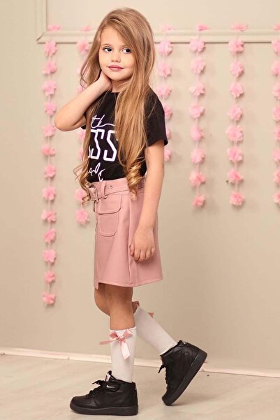 Riccotarz Girl's Little Text Printed T-Shirt Pocket Detailed Belted Powder Leather Skirt Suit