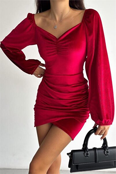 Dipmoda γυναικείο εισαγόμενο ύφασμα Βελούδο μίνι φόρεμα DPKKLF69 - Κόκκινο