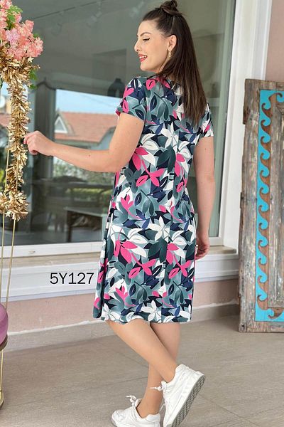 İnce Topuk Crew Neck Patterned Viscose Dress 5Y127