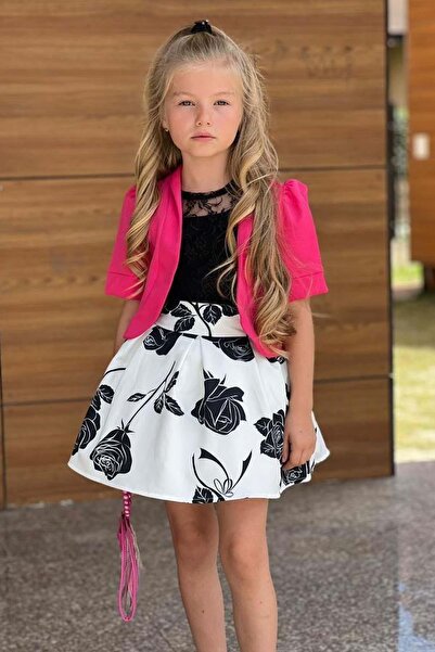 Riccotarz Girl's Sheer Lace Blouse and Strappy Tank Top Fuchsia Blazer Jacket Rose Printed Skirt Suit