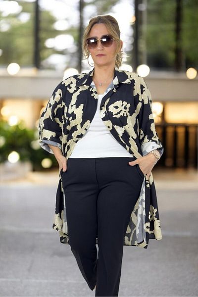 yagmurberen Foldable Sleeve Detail Patterned Front Buttoned Long Sleeve Oversized Tunic Dress