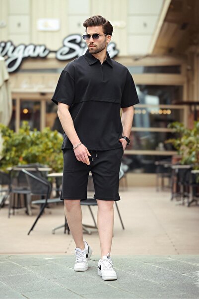 Madmext Black Zippered Polo Neck Men's Shorts Shirt Set E7314