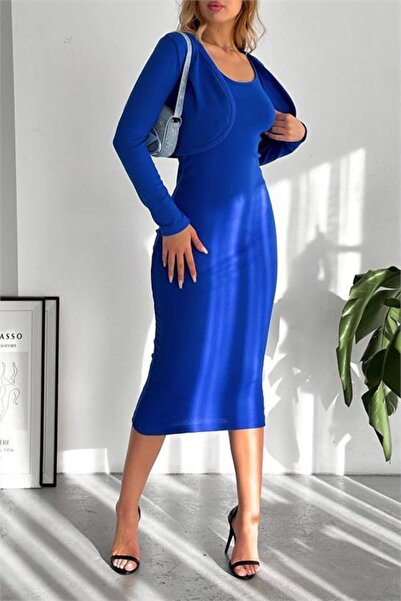 Dipmoda Dipmoda γυναικείο με αποσπώμενο μπολερό Πλεκτό Φόρεμα KKLF65 - μπλε κ...
