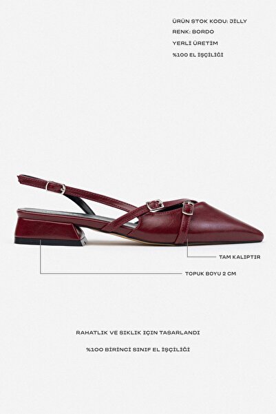 NİŞANTAŞI SHOES Dámské baleríny Jilly Burgundy s vrásčitou matnou přezkou na krátkém podpatku