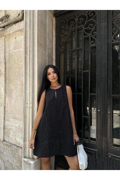 Maldia Shop Black Linen Mini Dress - Scallop Lined