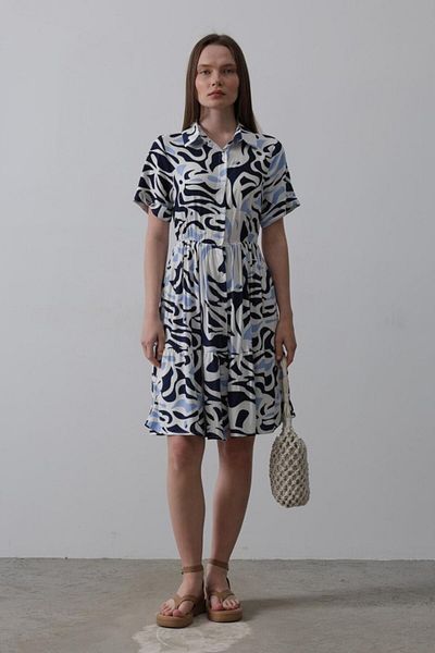 MRA Fashion Printed Linen Dress - Navy Blue