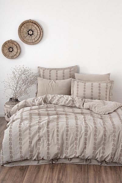 Ecocotton Sima Double Duvet Cover Set 100% Organic Cotton Muslin Embroidered Beige 200x220 Cm