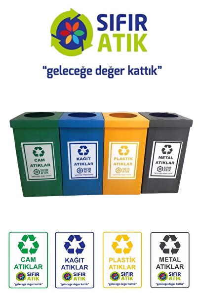 Hijyen Kapında Folyo Geri Dönüşüm Atık Toplama Kutusu Seti 70 Litre Cam, Kağıt, Plastik, Metal Atık Kovası