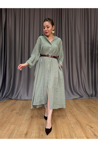 Size Özgü Çağla Green Belted Shirt Dress