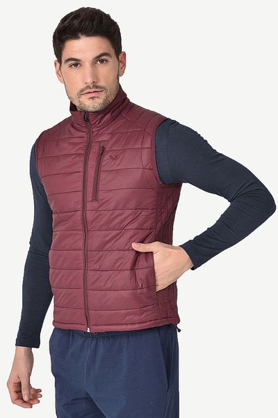 bilcee Men's Claret Red Zero Sleeve Zippered Pocket Vest 1268