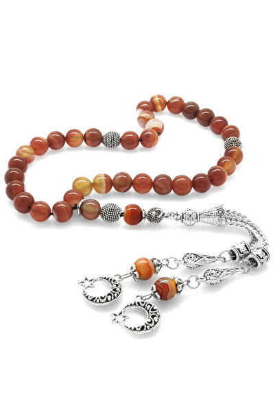 Tesbihane Non-Tarnish Metal Crescent and Star Tasseled Globe Cut Red-White Agate Natural Stone Rosary