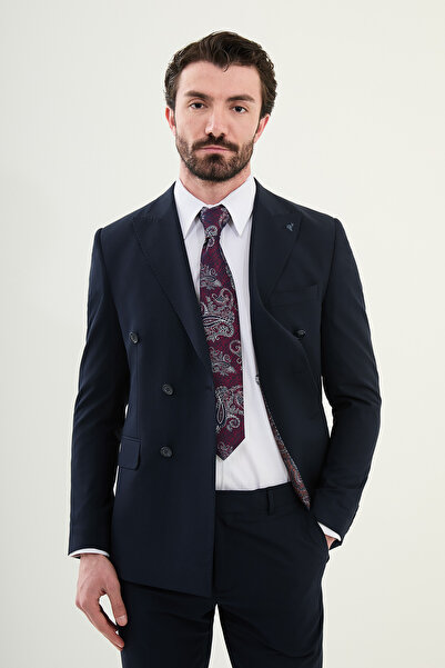 Mcr Düz Slim Fit Geniş Yaka Kruvaze Erkek Takım Elbise Lacivert - 45389.25Y