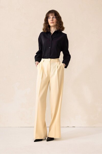 Olcay High Waist Wide Leg Palazzo Trousers Cream 7577