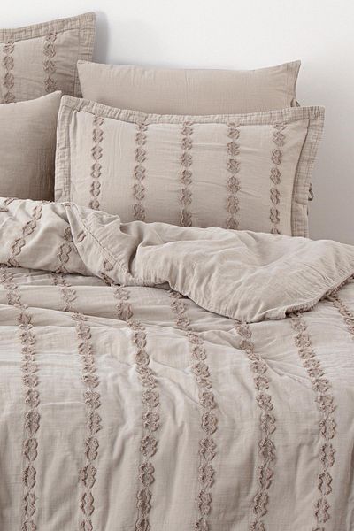 Ecocotton Sima Double Duvet Cover Set 100% Organic Cotton Muslin Embroidered Beige 200x220 Cm